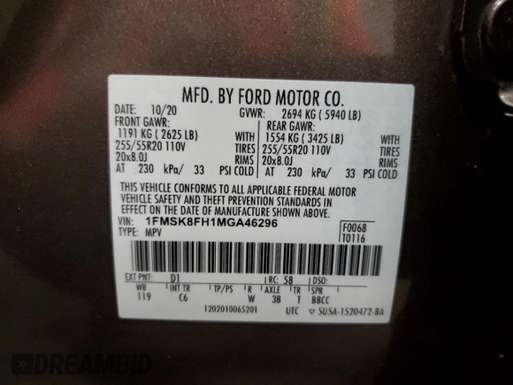 2021 Ford Explorer Limited с VIN 1FMSK8FH1MGA46296, выставлен на аукционе Copart как лот 60530105 с пробегом 69 796 миль миль и Списание • Salvage title. История ставок и продаж доступна на DreamBid. Изображение 13.