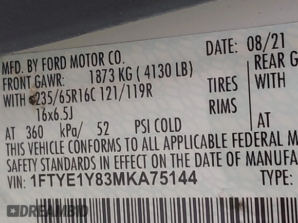 2021 Ford Transit Cargo with VIN 1FTYE1Y83MKA75144, listed as a IAAI auction lot 42079483 with 45,671 mi miles. Bid and sale history available at carsss.com. Image 9.