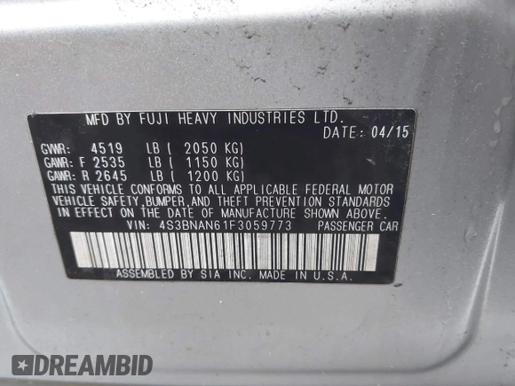 2015 Subaru Legacy Limited with VIN 4S3BNAN61F3059773, listed as a IAAI auction lot 42119456 with 60,275 mi miles and . Bid and sale history available at DreamBid. Image 9.