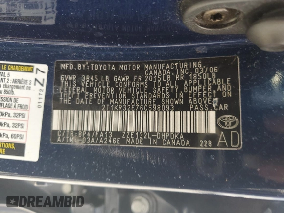 2006 Toyota Matrix STD with VIN 2T1KR32E76C598093, listed as a Copart auction lot 64044445 with 120,879 mi miles and Salvage title. Bid and sale history available at DreamBid. Image 12.
