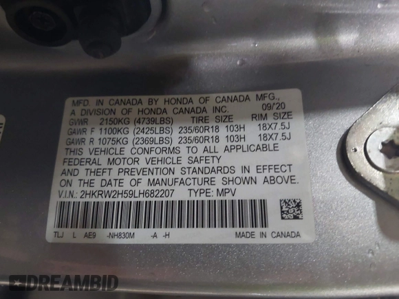 2020 Honda CR-V EX with VIN 2HKRW2H59LH682207, listed as a IAAI auction lot 42277272 with 84,994 mi miles and . Bid and sale history available at DreamBid. Image 9.