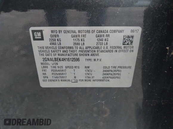 2017 Chevrolet Equinox LS with VIN 2GNALBEK4H1612596, listed as a IAAI auction lot 42052652 with 95,623 mi miles and . Bid and sale history available at carsss.com. Image 9.