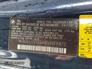 2008 BMW 1 Series 128i with VIN WBAUN13568VH79872, listed as a Copart auction lot 84215904 with 82,388 mi miles and Salvage title. Bid and sale history available at DreamBid. Image 12.