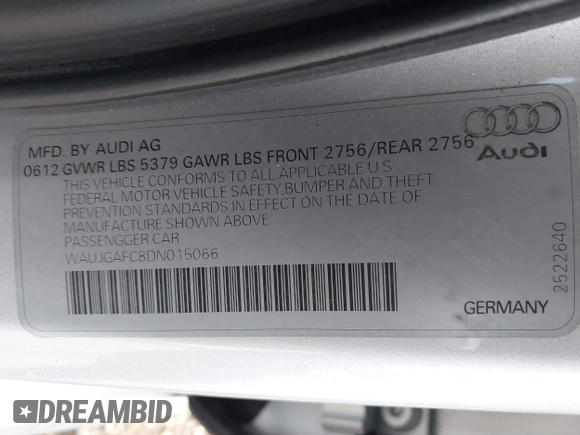 2013 Audi A6 3.0T Prestige with VIN WAUJGAFC8DN015066, listed as a IAAI auction lot 40978422 with 164,992 mi miles. Bid and sale history available at carsss.com. Image 9.