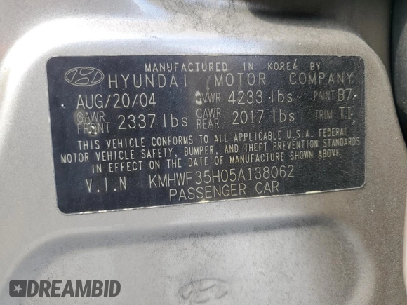 2005 Hyundai Sonata GLS with VIN KMHWF35H05A138062, listed as a Copart auction lot 51314405 with 56,596 mi miles and Salvage Title. Bid and sale history available at carsss.com. Image 12.