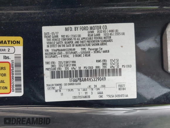 2017 Ford Mustang V6 with VIN 1FA6P8AM4H5329049, listed as a IAAI auction lot 42669855 with 52,972 mi miles and . Bid and sale history available at DreamBid. Image 9.
