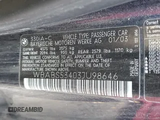 2003 BMW 3 Series 330Ci with VIN WBABS53403JU98646, listed as a Copart auction lot 82978484 with 0 mi miles and Salvage Title. Bid and sale history available at carsss.com. Image 12.