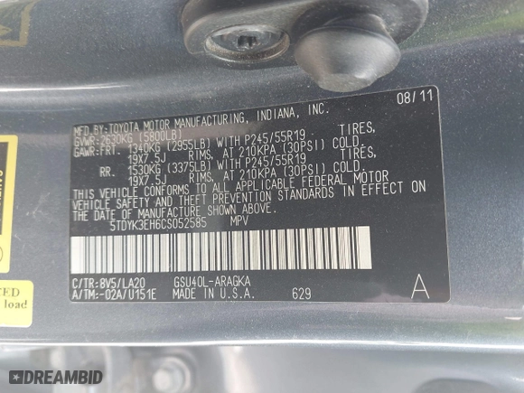 2012 Toyota Highlander Limited with VIN 5TDYK3EH6CS052585, listed as a IAAI auction lot 41750309 with 163,389 mi miles. Bid and sale history available at carsss.com. Image 9.