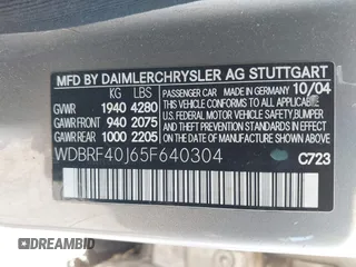 2005 Mercedes-Benz C 230 Kompressor with VIN WDBRF40J65F640304, listed as a IAAI auction lot 41331344 with 126,574 mi miles and . Bid and sale history available at DreamBid. Image 9.