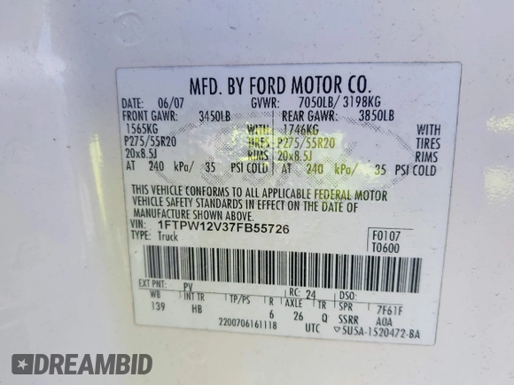 2007 Ford F-150 XLT z VIN 1FTPW12V37FB55726, wystawiony jako IAAI lot #42795768 z przebiegiem Nie podano mil oraz . Historia ofert i sprzedaży dostępna na DreamBid. Obrazek 9.