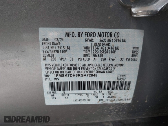 2024 Ford Explorer XLT с VIN 1FMSK7DH6RGA72848, выставлен на аукционе IAAI как лот 42339090 с пробегом 21 366 миль миль и . История ставок и продаж доступна на DreamBid. Изображение 9.
