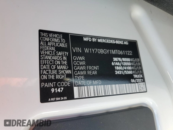 2021 Mercedes-Benz Sprinter Cargo with VIN W1Y70BGY1MT061122, listed as a Copart auction lot 45013915 with 58,631 mi miles and Salvage Title. Bid and sale history available at carsss.com. Image 14.
