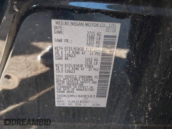2020 Nissan Pathfinder SL with VIN 5N1DR2CM9LC608583, listed as a IAAI auction lot 41323788 with 82,133 mi miles and . Bid and sale history available at DreamBid. Image 9.