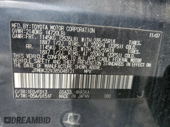 2008 Toyota RAV4 Sport with VIN JTMBK32V385048121, listed as a Copart auction lot 44630965 with 171,767 mi miles and Salvage Title. Bid and sale history available at carsss.com. Image 15.
