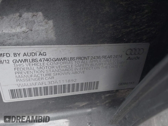 2013 Audi A4 Premium with VIN WAUAFAFL3DA111892, listed as a IAAI auction lot 41522139 with 85,454 mi miles. Bid and sale history available at carsss.com. Image 9.