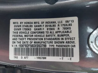 2013 Honda Civic LX with VIN 19XFB2F56DE053799, listed as a IAAI auction lot 40701262 with 191,234 mi miles and . Bid and sale history available at DreamBid. Image 9.