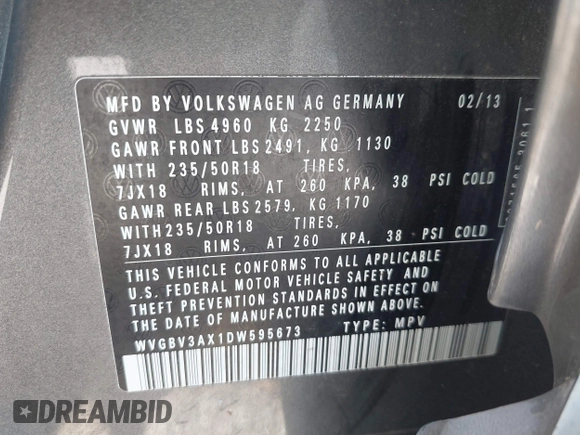 2013 Volkswagen Tiguan SEL with VIN WVGBV3AX1DW595673, listed as a IAAI auction lot 42140263 with 77,457 mi miles and . Bid and sale history available at DreamBid. Image 9.