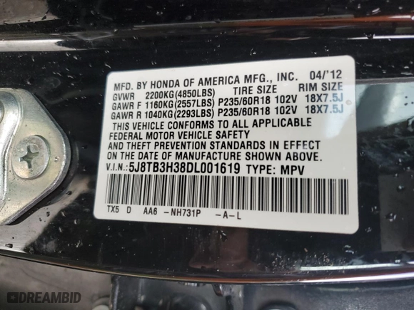 2013 Acura RDX with VIN 5J8TB3H38DL001619, listed as a Copart auction lot 47689225 with 0 mi miles and Salvage Title. Bid and sale history available at carsss.com. Image 15.