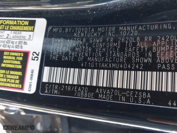 2021 Toyota Camry SE Nightshade with VIN 4T1G11AKXMU404242, listed as a IAAI auction lot 41444006 with 60,475 mi miles. Bid and sale history available at carsss.com. Image 9.