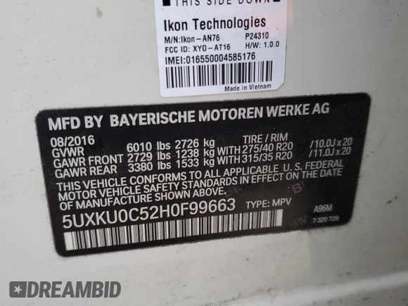 2017 BMW X6 sDrive35i z VIN 5UXKU0C52H0F99663, wystawiony jako Copart lot #89342225 z przebiegiem 71 491 mil mil oraz Szkoda całkowita • Salvage title. Historia ofert i sprzedaży dostępna na DreamBid. Obrazek 15.