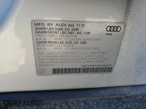 2013 Audi Q5 Premium Plus with VIN WA1LFAFP7DA042407, listed as a Copart auction lot 50419295 with 39,906 mi miles and Salvage Title. Bid and sale history available at carsss.com. Image 16.