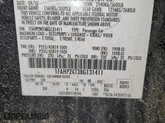 2011 Ford Taurus SHO with VIN 1FAHP2KT3BG131411, listed as a Copart auction lot 44913345 with 152,138 mi miles and Salvage Title. Bid and sale history available at DreamBid. Image 13.