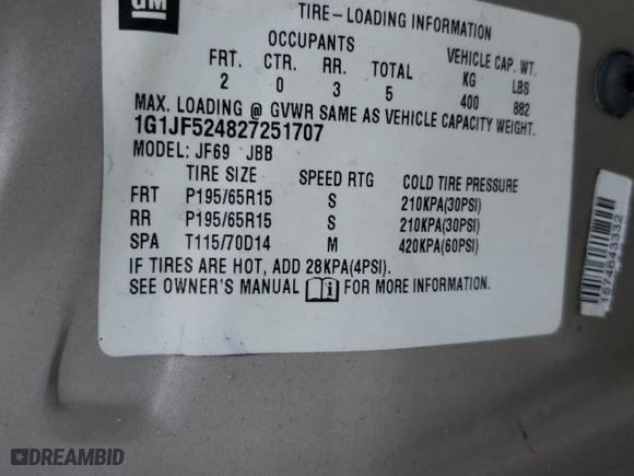 2002 Chevrolet Cavalier LS with VIN 1G1JF524827251707, listed as a Copart auction lot 76741914 with 133,132 mi miles and Salvage Title. Bid and sale history available at carsss.com. Image 12.