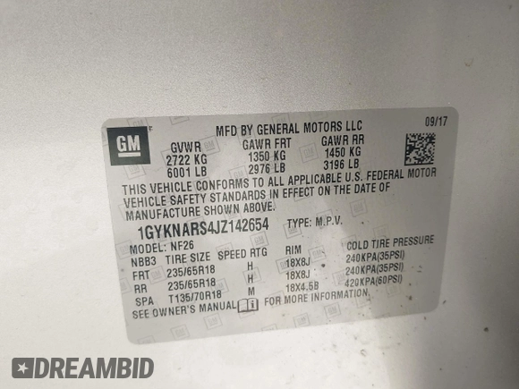 2018 Cadillac XT5 FWD with VIN 1GYKNARS4JZ142654, listed as a IAAI auction lot 42275794 with 112,790 mi miles and . Bid and sale history available at DreamBid. Image 9.