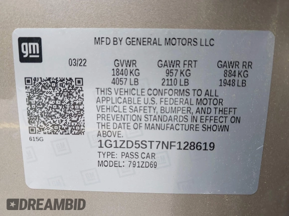 2022 Chevrolet Malibu LT with VIN 1G1ZD5ST7NF128619, listed as a IAAI auction lot 42031304 with 69,530 mi miles and . Bid and sale history available at DreamBid. Image 9.