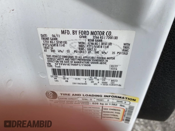 2011 Ford F-150 XLT with VIN 1FTFW1ET6BFC11608, listed as a Copart auction lot 63222015 with 256,283 mi miles and Clean title. Bid and sale history available at DreamBid. Image 10.