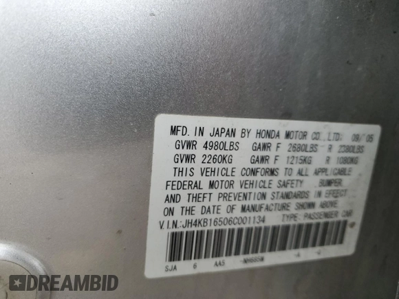 2006 Acura RL with VIN JH4KB16506C001134, listed as a Copart auction lot 51601645 with 205,706 mi miles and Salvage Title. Bid and sale history available at DreamBid. Image 14.