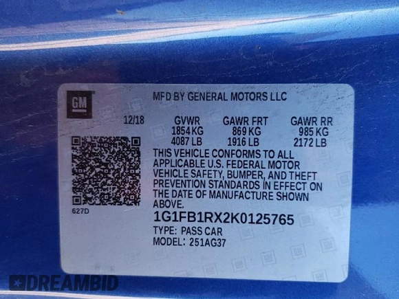 2019 Chevrolet Camaro 1LS with VIN 1G1FB1RX2K0125765, listed as a Copart auction lot 82856424 with 86,499 mi miles and Salvage Title. Bid and sale history available at carsss.com. Image 14.