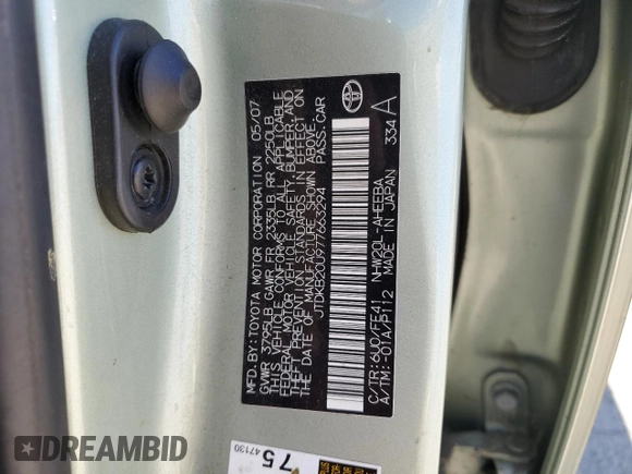 2007 Toyota Prius with VIN JTDKB20U977663294, listed as a Copart auction lot 55970035 with 150,939 mi miles and Salvage Title. Bid and sale history available at DreamBid. Image 13.