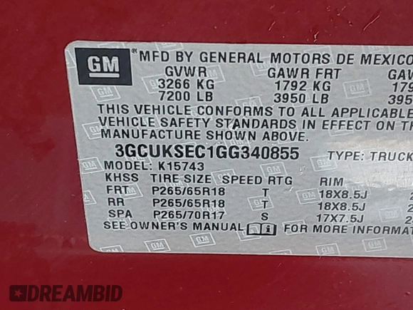 2016 Chevrolet Silverado 1500 LTZ with VIN 3GCUKSEC1GG340855, listed as a IAAI auction lot 41791936 with 142,817 mi miles and . Bid and sale history available at DreamBid. Image 9.