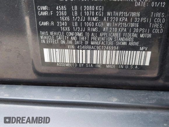 2012 Subaru Outback 2.5i with VIN 4S4BRBAC9C1246994, listed as a IAAI auction lot 42355640 with 193,530 mi miles and . Bid and sale history available at DreamBid. Image 9.