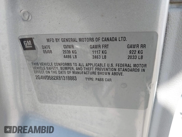 2008 Buick LaCrosse CXL with VIN 2G4WD582X81318883, listed as a IAAI auction lot 41936061 with 189,095 mi miles. Bid and sale history available at carsss.com. Image 9.