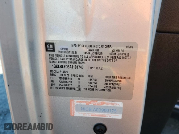 2010 GMC Acadia SLE with VIN 1GKLRLED6AJ101740, listed as a Copart auction lot 53071775 with 147,217 mi miles and Clean Title. Bid and sale history available at DreamBid. Image 13.
