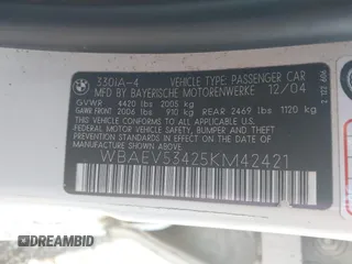 2005 BMW 3 Series 330i with VIN WBAEV53425KM42421, listed as a IAAI auction lot 41001073 with 188,472 mi miles and . Bid and sale history available at carsss.com. Image 9.