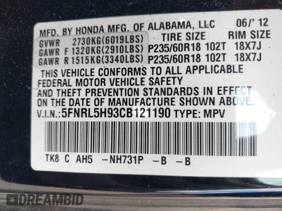 2012 Honda Odyssey Touring with VIN 5FNRL5H93CB121190, listed as a IAAI auction lot 42223998 with 154,358 mi miles and . Bid and sale history available at DreamBid. Image 9.