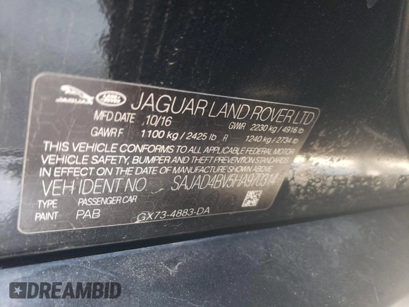 2017 Jaguar XE 35t Premium with VIN SAJAD4BV5HA970314, listed as a Copart auction lot 52643465 with 84,911 mi miles and Salvage Title. Bid and sale history available at DreamBid. Image 12.