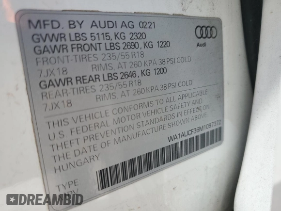2021 Audi Q3 Premium z VIN WA1AUCF36M1097372, wystawiony jako Copart lot #49161505 z przebiegiem Nie podano mil oraz Czysty tytuł • Clean title. Historia ofert i sprzedaży dostępna na DreamBid. Obrazek 13.