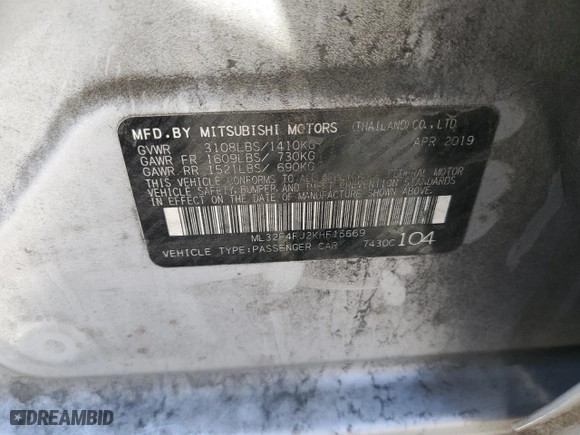 2019 Mitsubishi Mirage G4 SE with VIN ML32F4FJ2KHF15669, listed as a Copart auction lot 75707914 with 49,082 mi miles and Salvage Title. Bid and sale history available at carsss.com. Image 13.