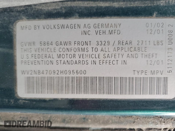 2002 Volkswagen EuroVan MV с VIN WV2NB47092H095600, выставлен на аукционе Copart как лот 50705065 с пробегом 223 049 миль миль и Чистый • Clean title. История ставок и продаж доступна на DreamBid. Изображение 13.