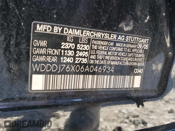 2006 Mercedes-Benz CLS-Class AMG with VIN WDDDJ76X06A046934, listed as a Copart auction lot 76617444 with 0 mi miles and Salvage Title. Bid and sale history available at carsss.com. Image 12.