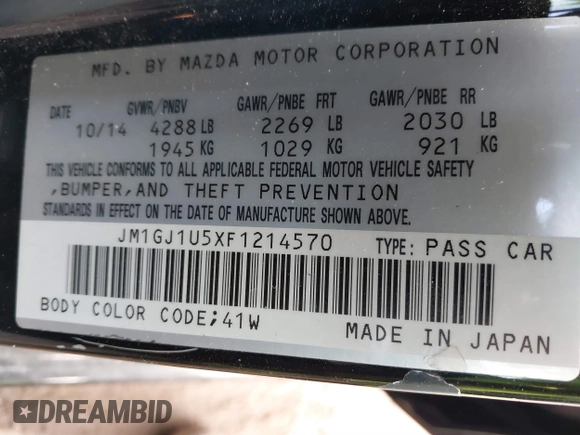 2015 Mazda 6 i Sport with VIN JM1GJ1U5XF1214570, listed as a IAAI auction lot 41003789 with 99,844 mi miles. Bid and sale history available at carsss.com. Image 9.
