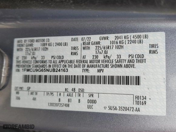 2022 Ford Escape SE with VIN 1FMCU9G65NUB24163, listed as a Copart auction lot 52090935 with 17,026 mi miles and Non Repairable. Bid and sale history available at carsss.com. Image 14.