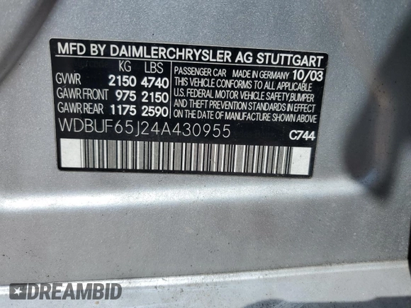 2004 Mercedes-Benz E 320 with VIN WDBUF65J24A430955, listed as a Copart auction lot 52821835 with 174,254 mi miles and Salvage Title. Bid and sale history available at carsss.com. Image 12.