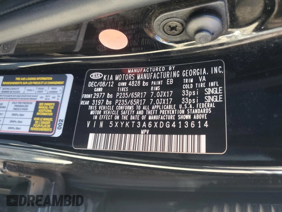 2013 Kia Sorento LX z VIN 5XYKT3A6XDG413614, wystawiony jako Copart lot #57175205 z przebiegiem 152 086 mil mil oraz Szkoda całkowita • Salvage title. Historia ofert i sprzedaży dostępna na DreamBid. Obrazek 13.