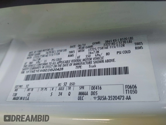 2014 Ford Econoline Cargo Commercial with VIN 1FTNE1EW8EDB20428, listed as a IAAI auction lot 41335946 with 201,988 mi miles and . Bid and sale history available at DreamBid. Image 9.