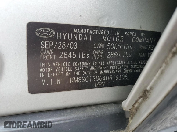 2004 Hyundai Santa Fe GLS with VIN KM8SC13D64U616106, listed as a Copart auction lot 51991985 with 167,170 mi miles and Salvage Title. Bid and sale history available at carsss.com. Image 15.